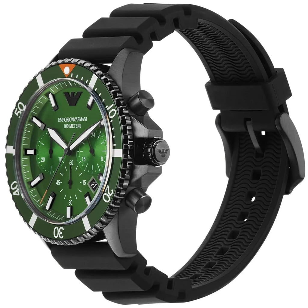 Emporio Armani Diver AR11463 43mm Men's Chronograph Watch – Green Sunray & Green Silicone Strap