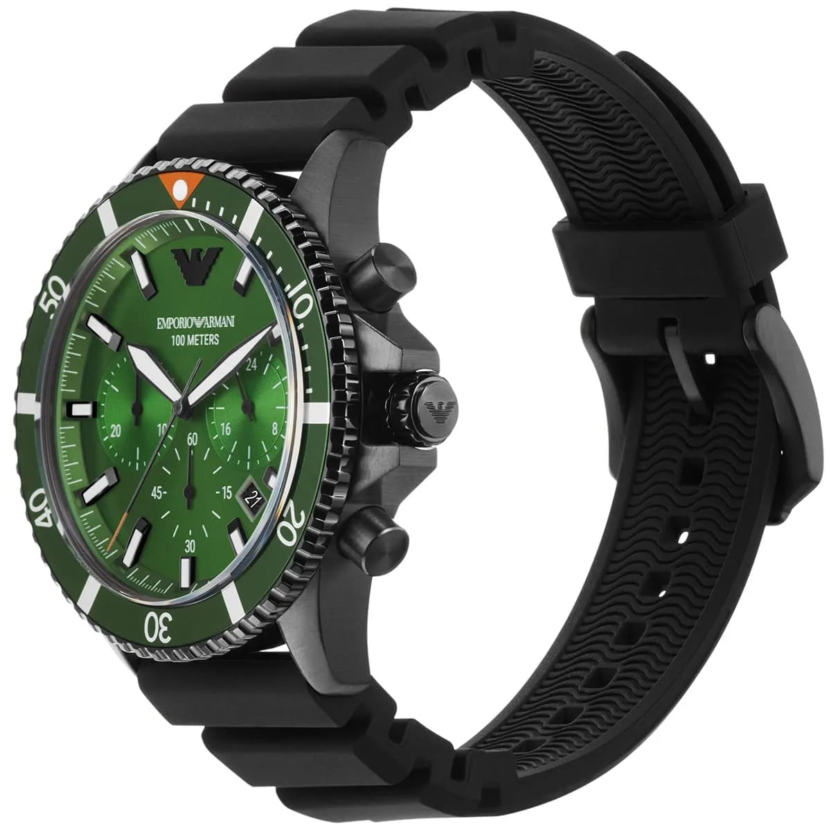 Emporio Armani Diver AR11463 43mm Men's Chronograph Watch – Green Sunray & Green Silicone Strap