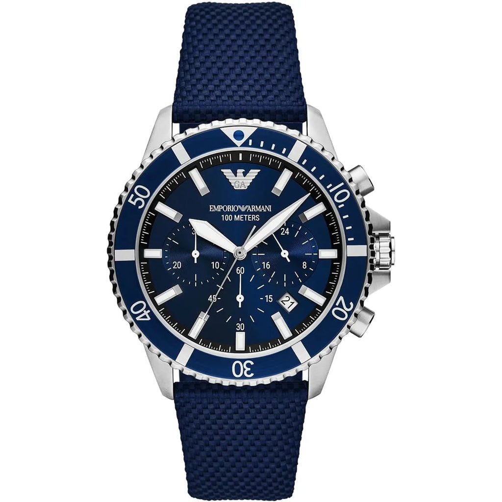 Emporio Armani Diver AR11588 43mm Men's Chronograph Watch – Blue Sunray & Blue Textile Strap
