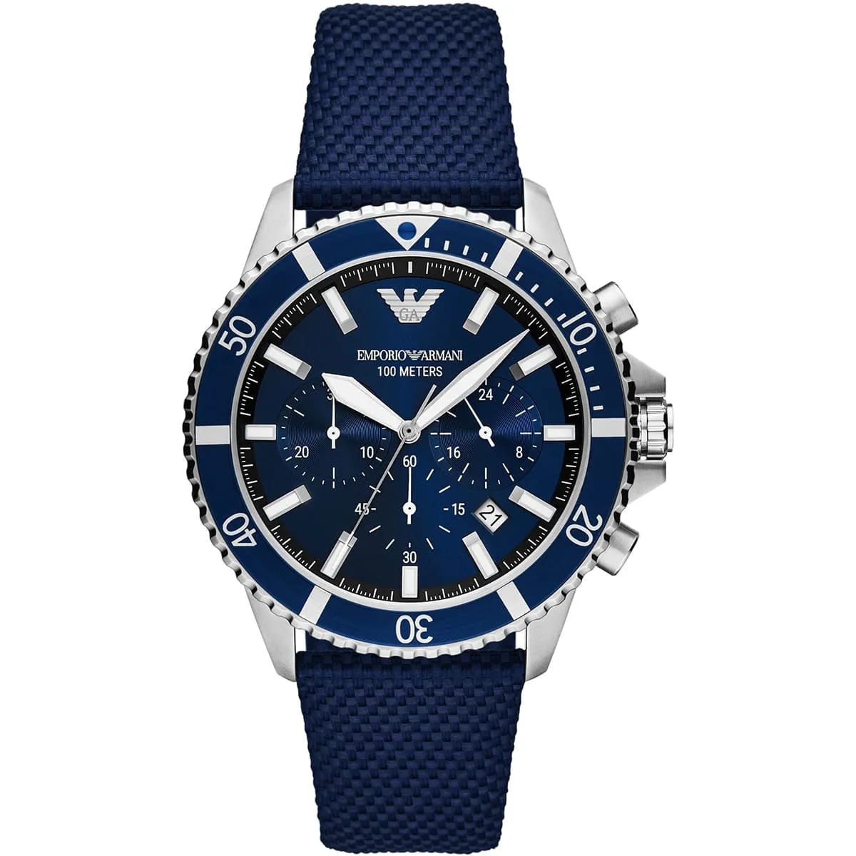 Emporio Armani Diver AR11588 43mm Men's Chronograph Watch – Blue Sunray & Blue Textile Strap