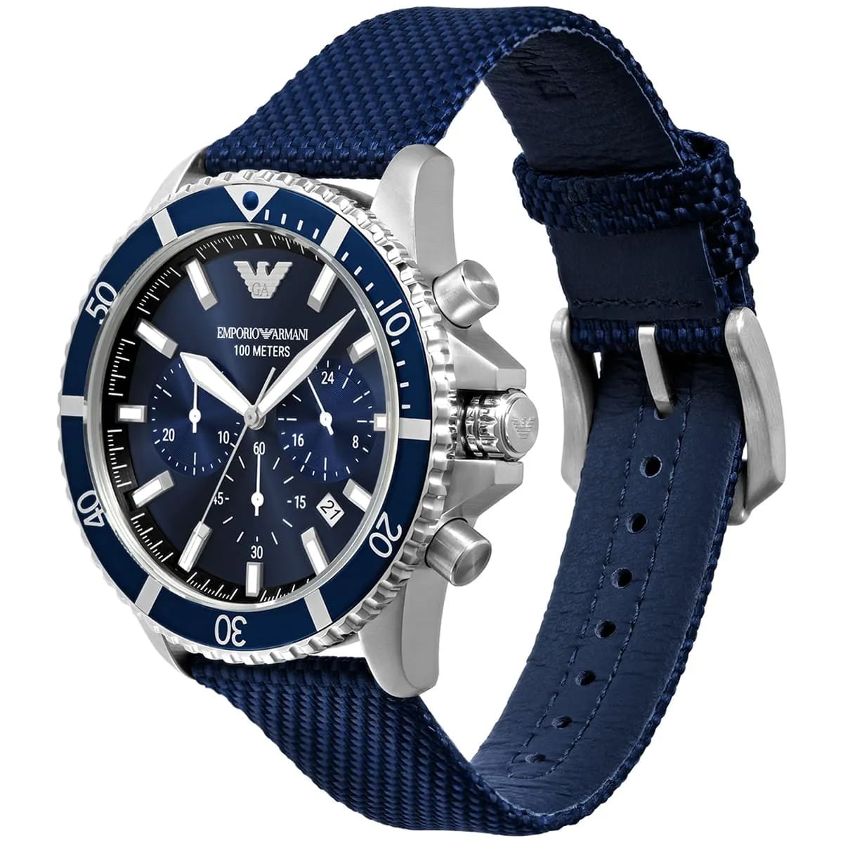 Emporio Armani Diver AR11588 43mm Men's Chronograph Watch – Blue Sunray & Blue Textile Strap