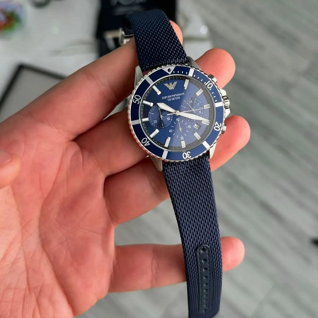 Emporio Armani Diver AR11588 43mm Men's Chronograph Watch – Blue Sunray & Blue Textile Strap