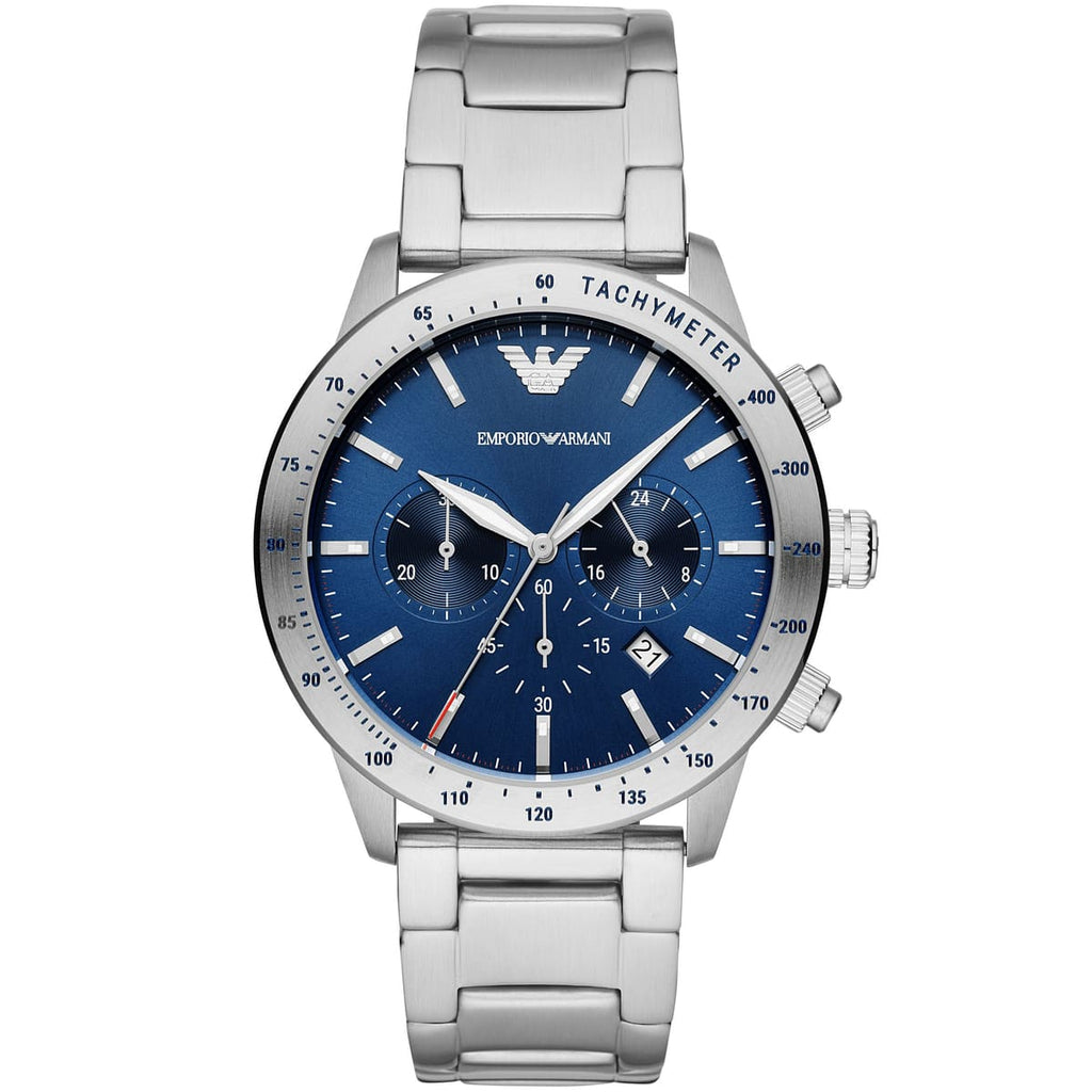 Emporio Armani Signature AR11306 43mm Men's Chronograph Watch – Blue Sunray & Silver-Tone Stainless Steel Bracelet