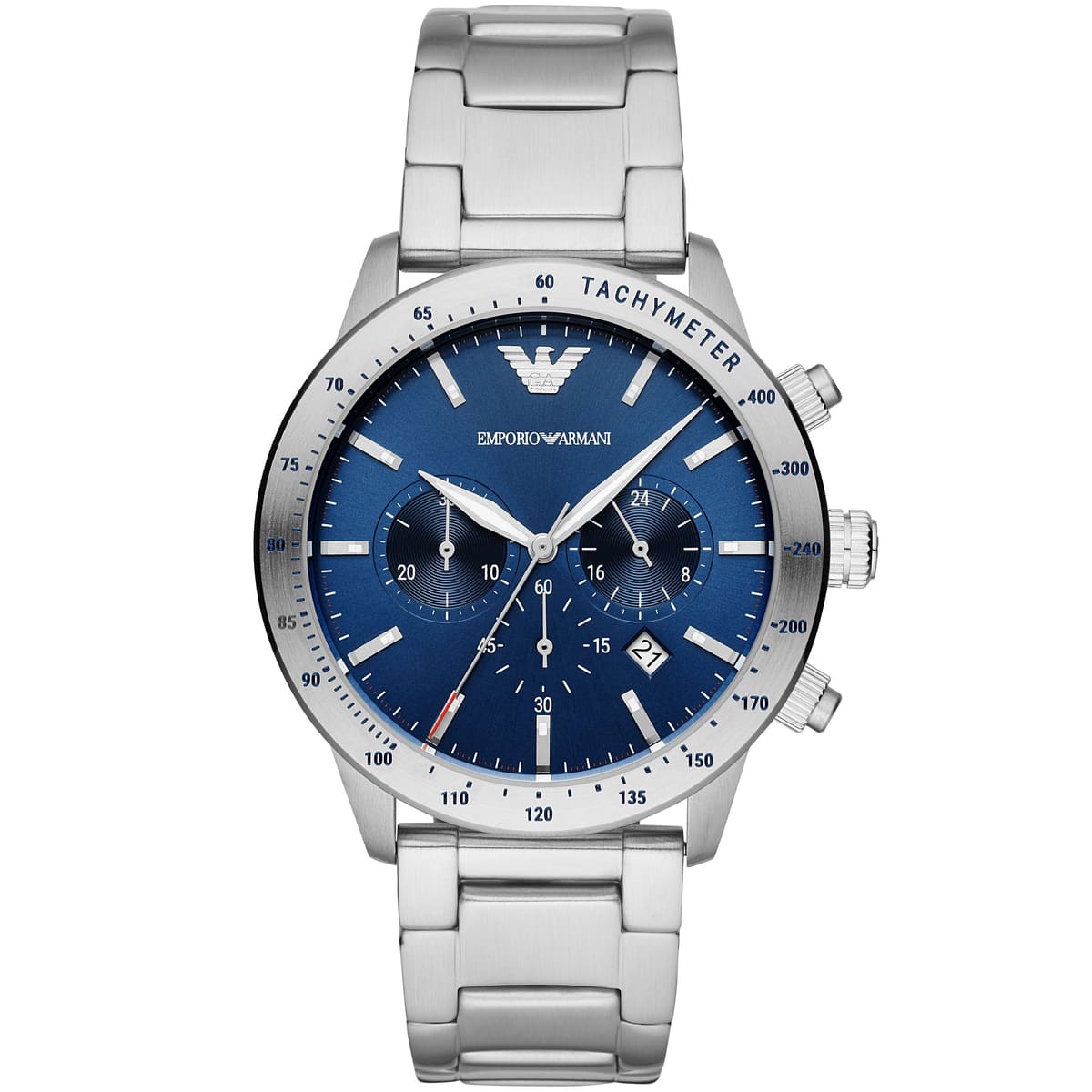 Emporio Armani Signature AR11306 43mm Men's Chronograph Watch – Blue Sunray & Silver-Tone Stainless Steel Bracelet