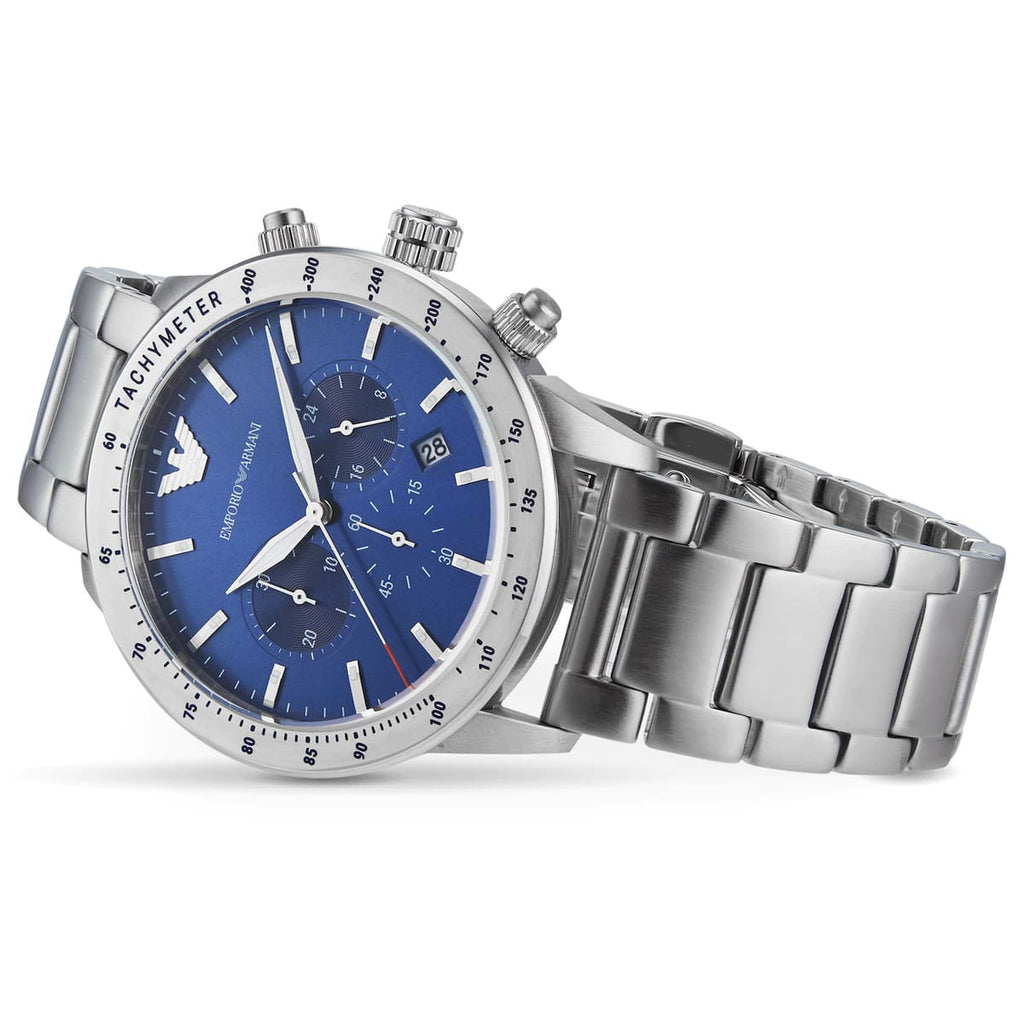 Emporio Armani Signature AR11306 43mm Men's Chronograph Watch – Blue Sunray & Silver-Tone Stainless Steel Bracelet