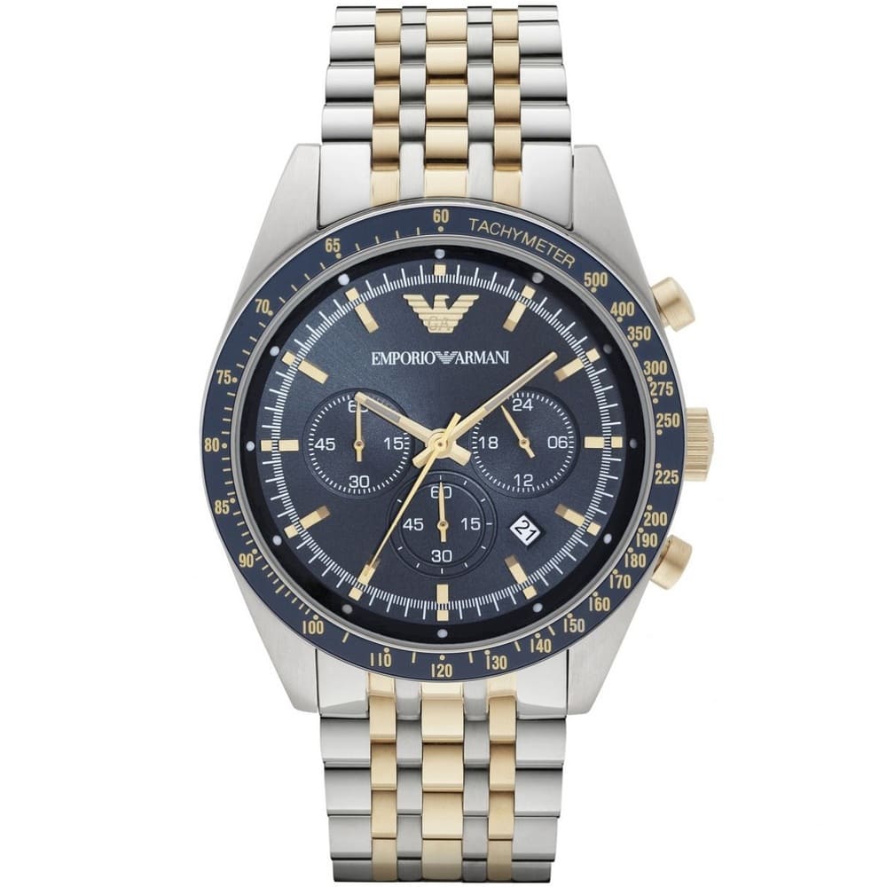 Emporio Armani Tazio AR6088 43mm Men's Chronograph Watch – Blue & Two-Tone Stainless Steel Bracelet