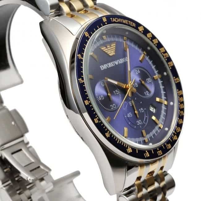 Emporio Armani Tazio AR6088 43mm Men's Chronograph Watch – Blue & Two-Tone Stainless Steel Bracelet