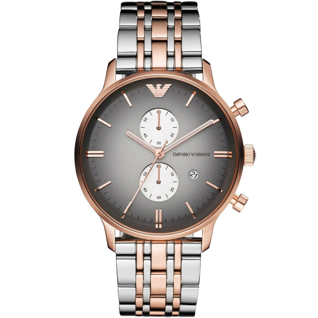 Emporio Armani Gianni AR1721 43mm Men's Chronograph Watch – Grey Sunray & Rose Gold Stainless Steel Bracelet
