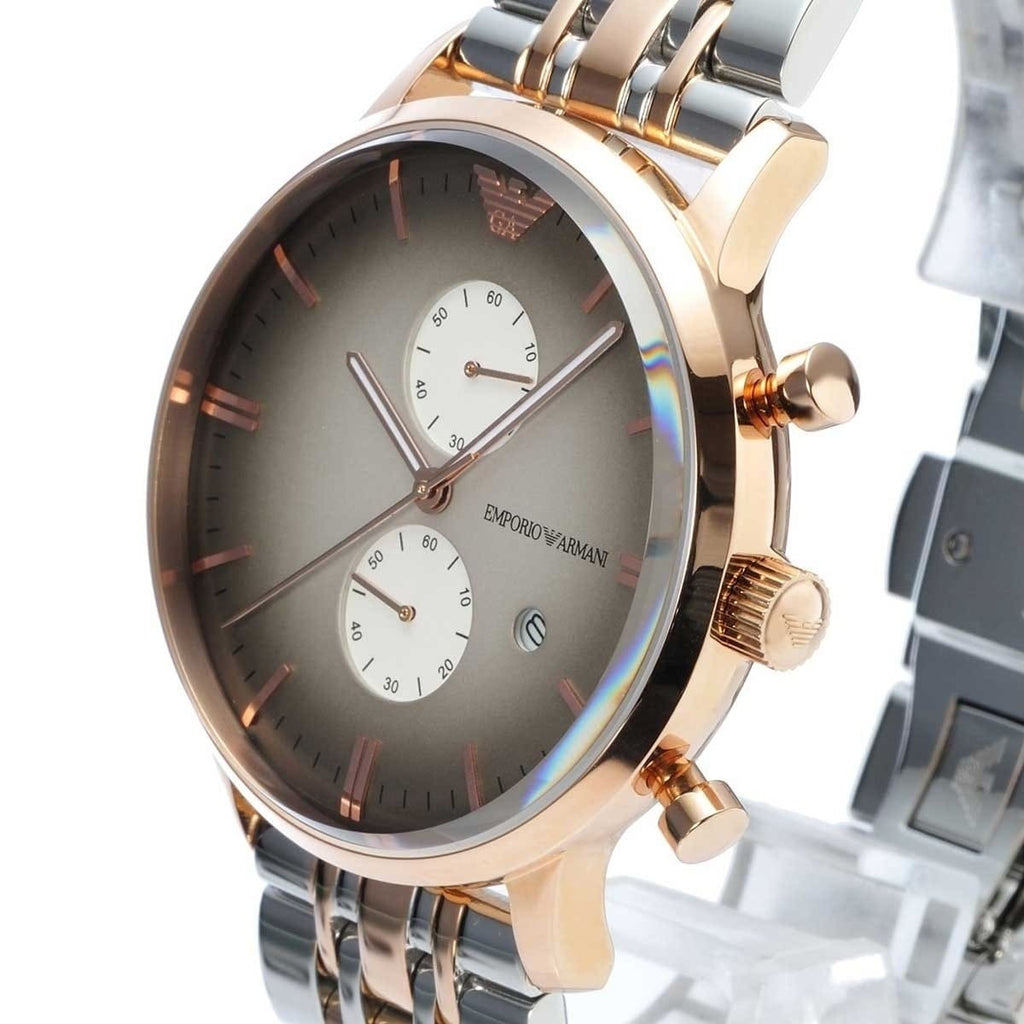 Emporio Armani Gianni AR1721 43mm Men's Chronograph Watch – Grey Sunray & Rose Gold Stainless Steel Bracelet