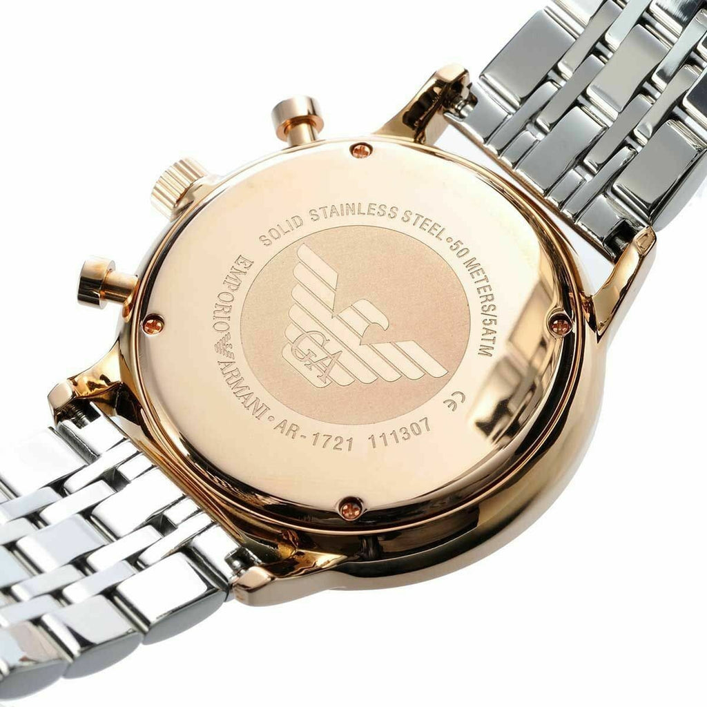 Emporio Armani Gianni AR1721 43mm Men's Chronograph Watch – Grey Sunray & Rose Gold Stainless Steel Bracelet