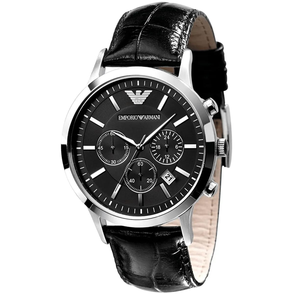 Emporio Armani Renato AR2447 43mm Men's Chronograph Watch – Black & Black Genuine Leather Strap