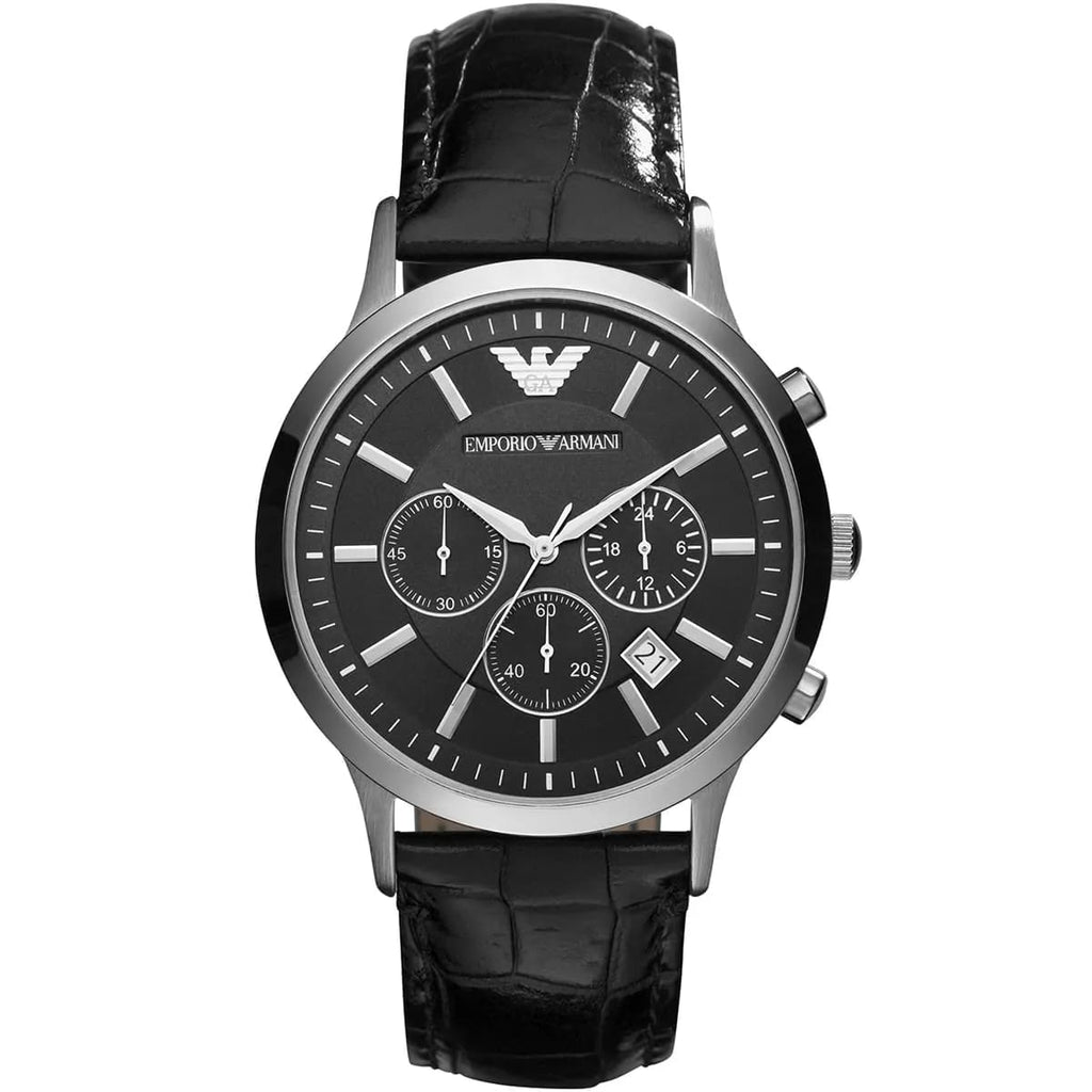 Emporio Armani Renato AR2447 43mm Men's Chronograph Watch – Black & Black Genuine Leather Strap