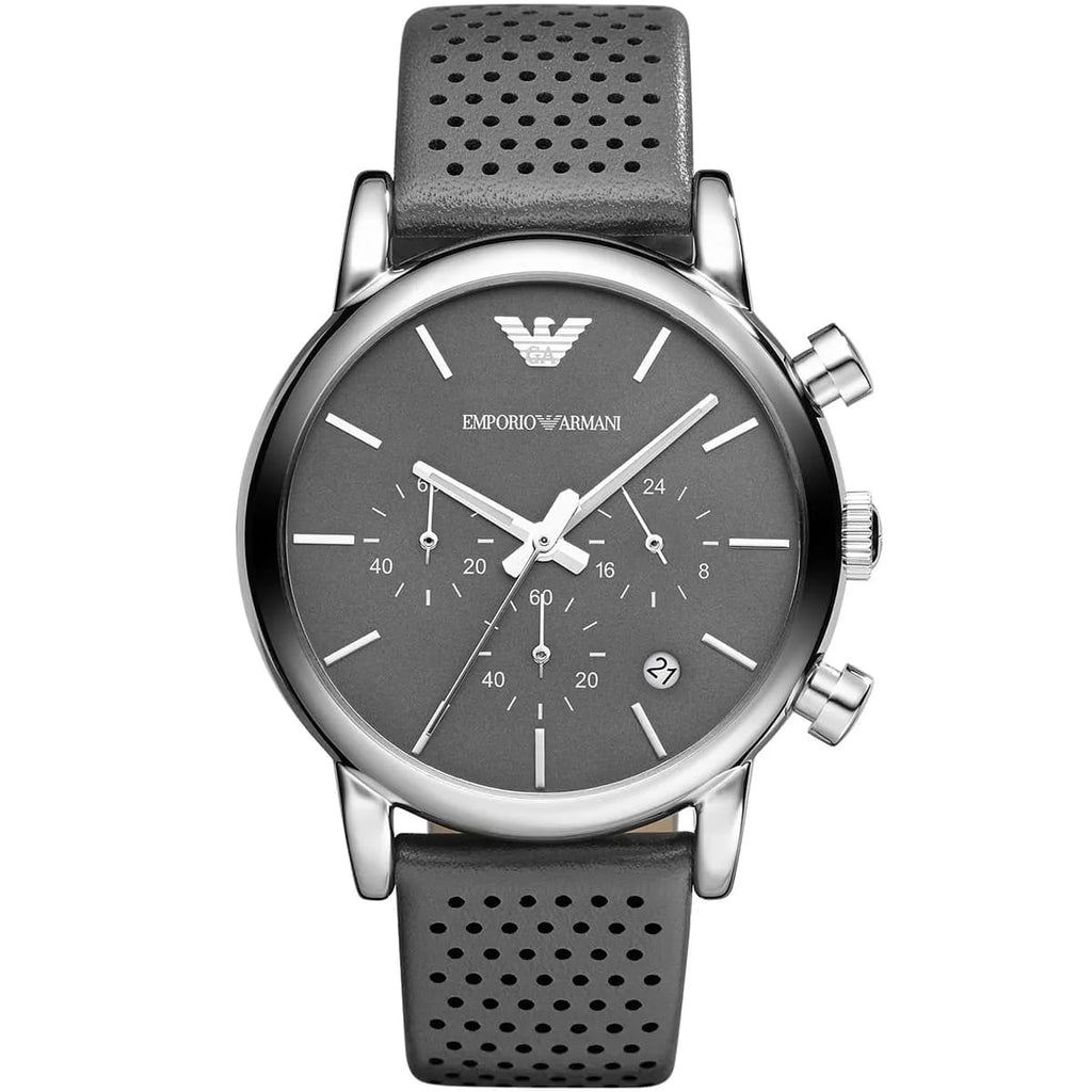 Emporio Armani Luigi AR1735 43mm Men's Chronograph Watch – Grey & Grey Genuine Leather Strap