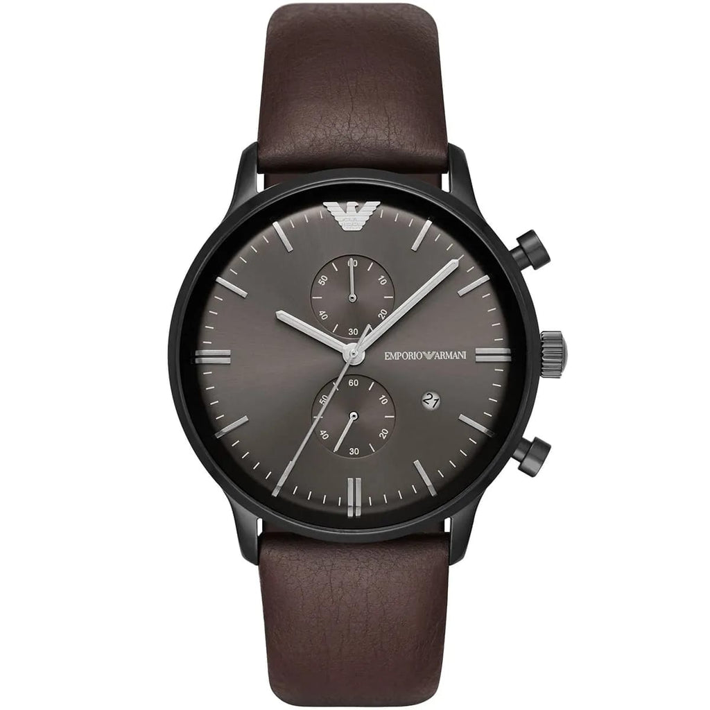 Emporio Armani Gianni AR1932 43mm Men's Chronograph Watch – Grey Sunray & Brown Genuine Leather Strap