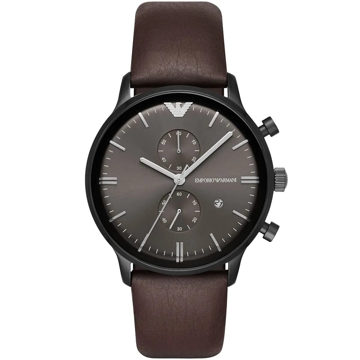 Emporio Armani Gianni AR1932 43mm Men's Chronograph Watch – Grey Sunray & Brown Genuine Leather Strap