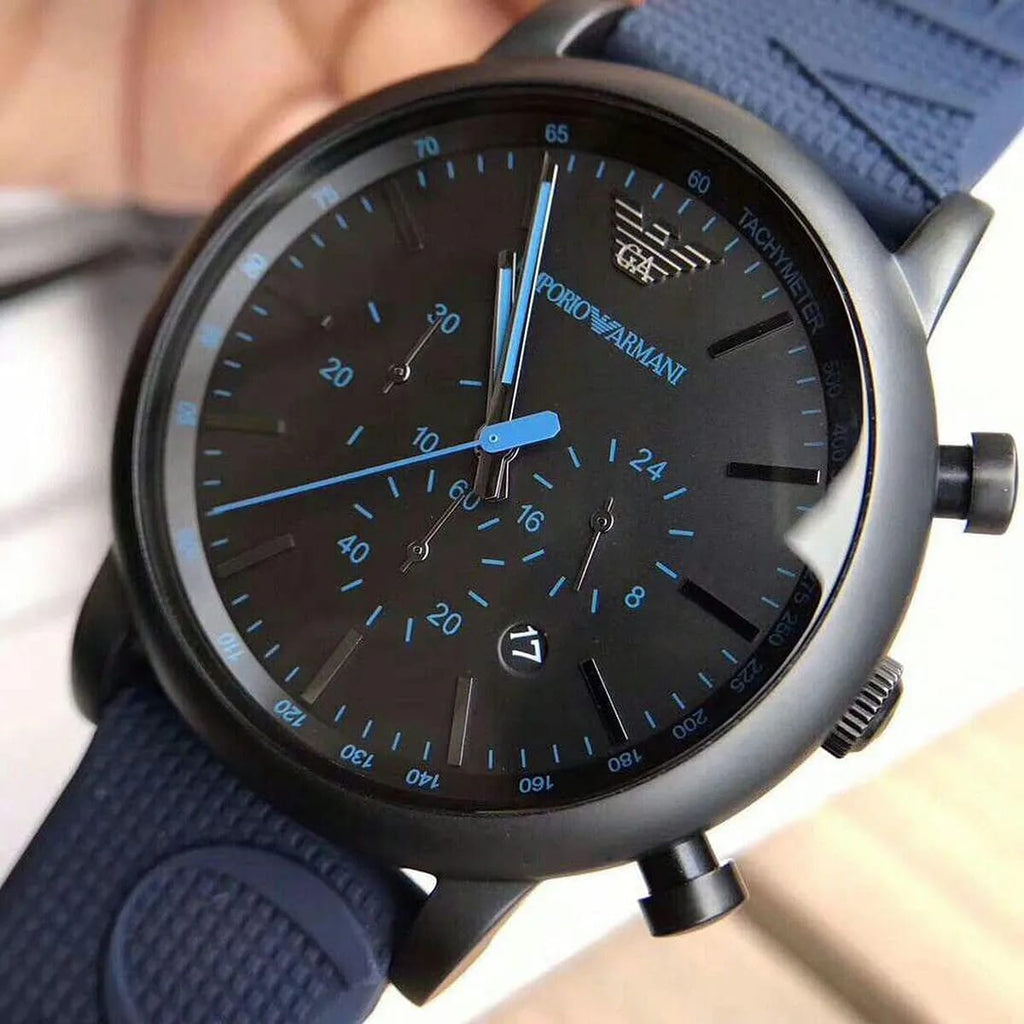 Emporio Armani Luigi AR11023 43mm Men's Chronograph Watch – Black & Blue Silicone Strap