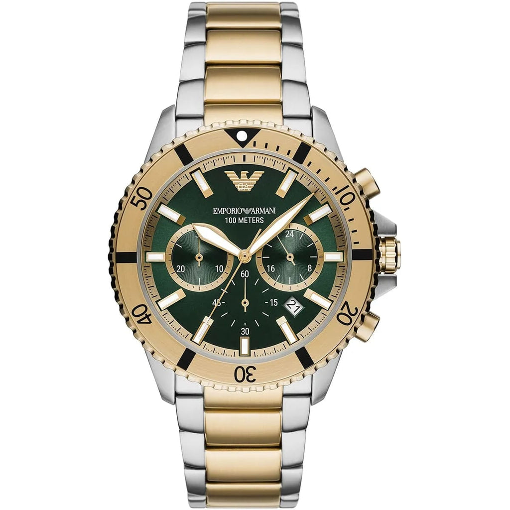 Emporio Armani Diver AR11586 43mm Men's Chronograph Watch – Green & Two-Tone Stainless Steel Bracelet