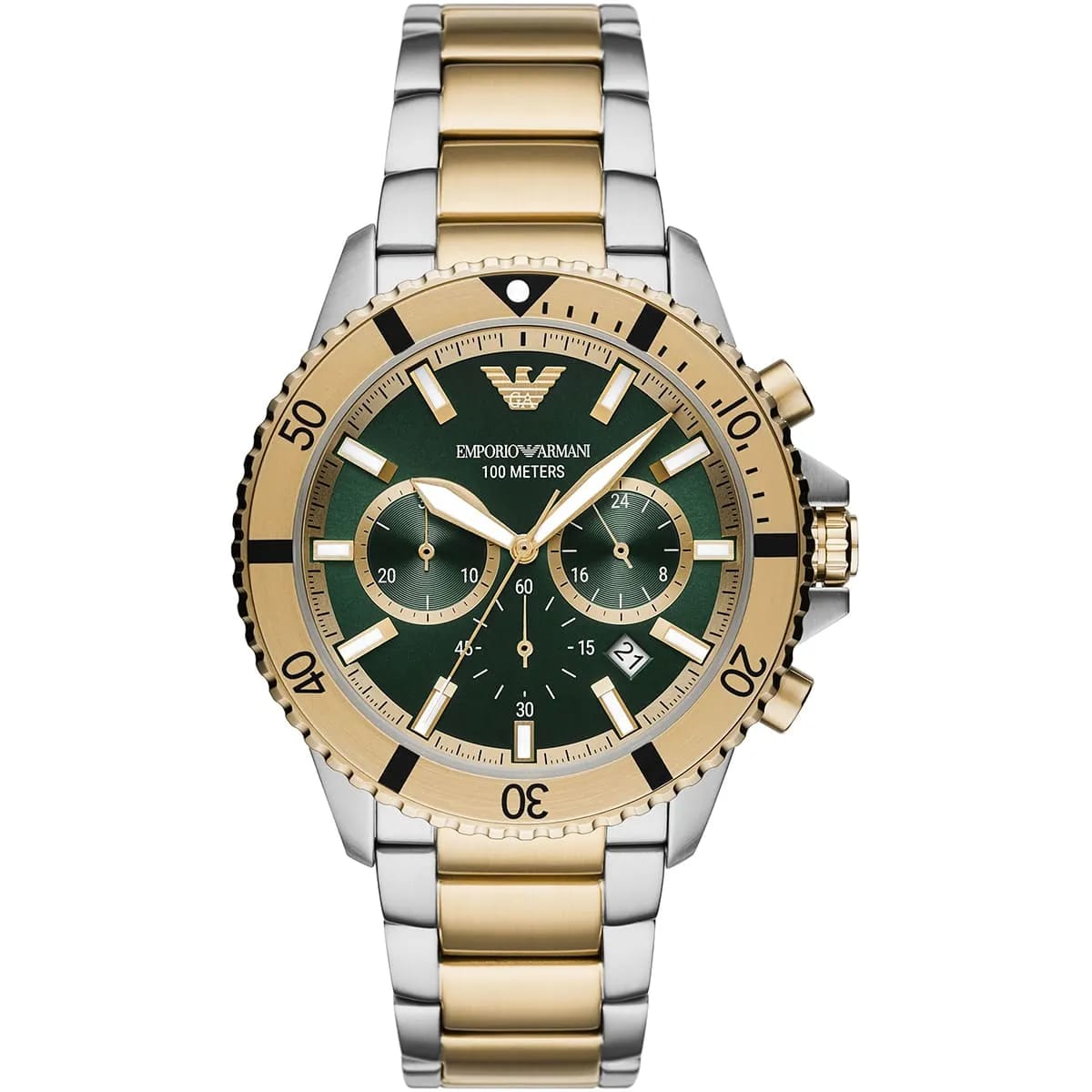 Emporio Armani Diver AR11586 43mm Men's Chronograph Watch – Green & Two-Tone Stainless Steel Bracelet