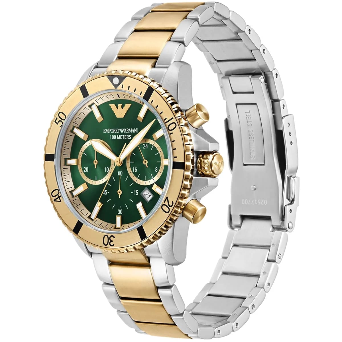 Emporio Armani Diver AR11586 43mm Men's Chronograph Watch – Green & Two-Tone Stainless Steel Bracelet