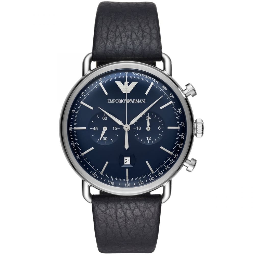 Emporio Armani Aviator AR11105 43mm Men's Chronograph Watch – Blue & Blue Genuine Leather Strap