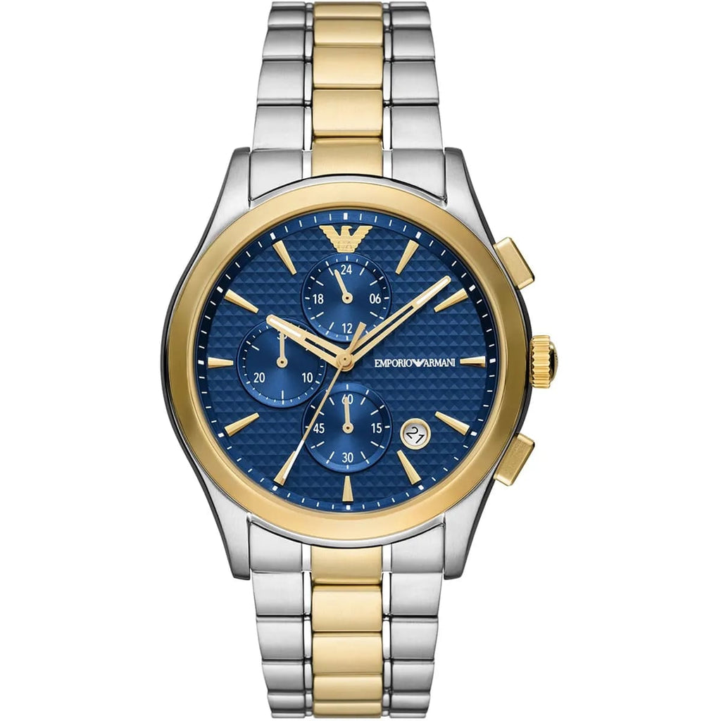 Emporio Armani Paolo AR11579 43mm Men's Chronograph Watch – Blue Textured & Two-Tone Stainless Steel Bracelet