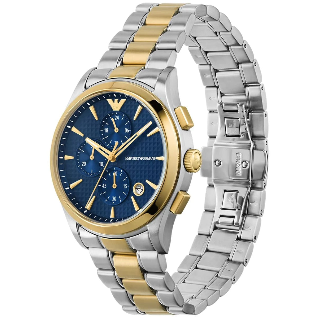Emporio Armani Paolo AR11579 43mm Men's Chronograph Watch – Blue Textured & Two-Tone Stainless Steel Bracelet