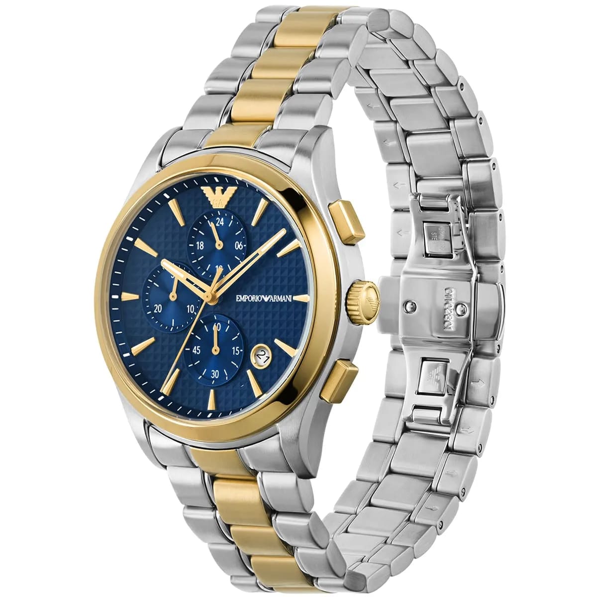 Emporio Armani Paolo AR11579 43mm Men's Chronograph Watch – Blue Textured & Two-Tone Stainless Steel Bracelet