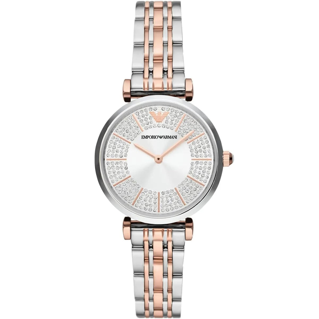 Emporio Armani Gianni T-Bar AR11537 32mm Women's Quartz Watch – Silver Crystal-Set Sunray & Two-Tone Silver and Rose Gold Stainless Steel Bracelet