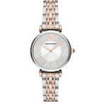 Emporio Armani Gianni T-Bar AR11537 32mm Women's Quartz Watch – Silver Crystal-Set Sunray & Two-Tone Silver and Rose Gold Stainless Steel Bracelet