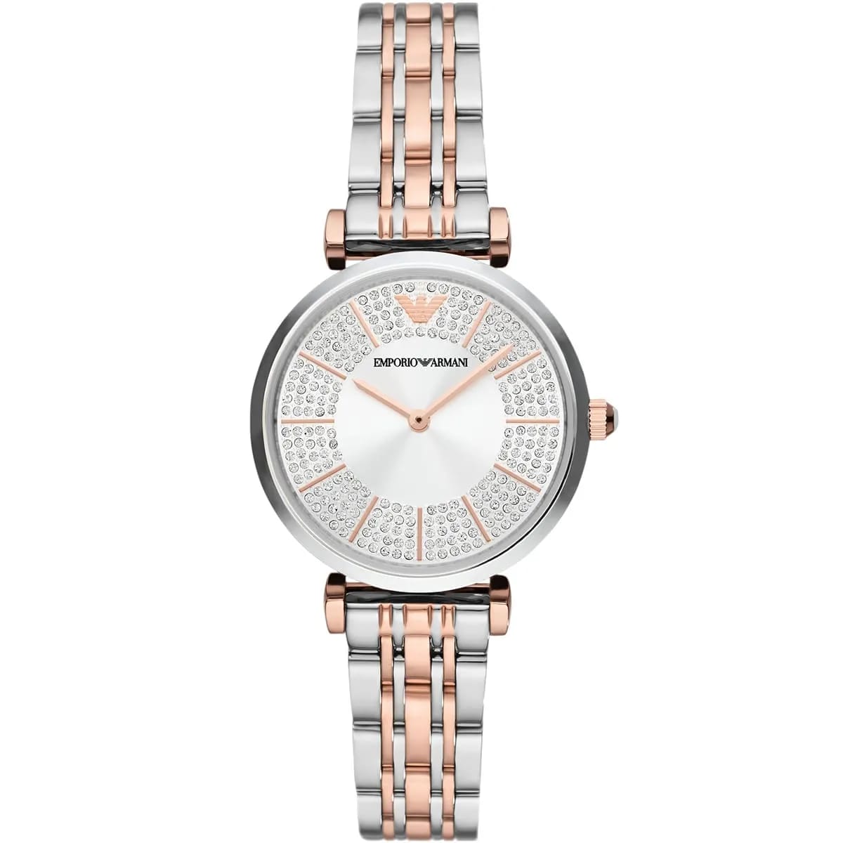 Emporio Armani Gianni T-Bar AR11537 32mm Women's Quartz Watch – Silver Crystal-Set Sunray & Two-Tone Silver and Rose Gold Stainless Steel Bracelet