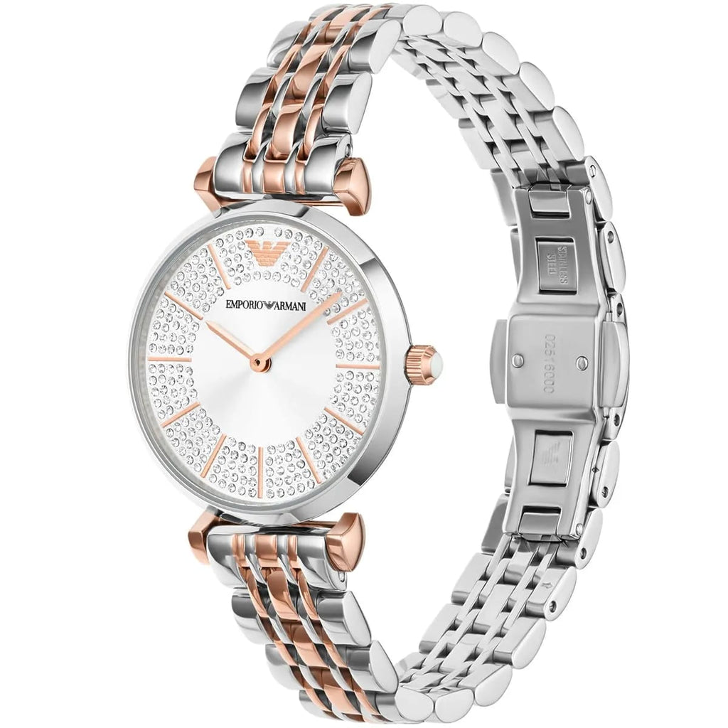 Emporio Armani Gianni T-Bar AR11537 32mm Women's Quartz Watch – Silver Crystal-Set Sunray & Two-Tone Silver and Rose Gold Stainless Steel Bracelet