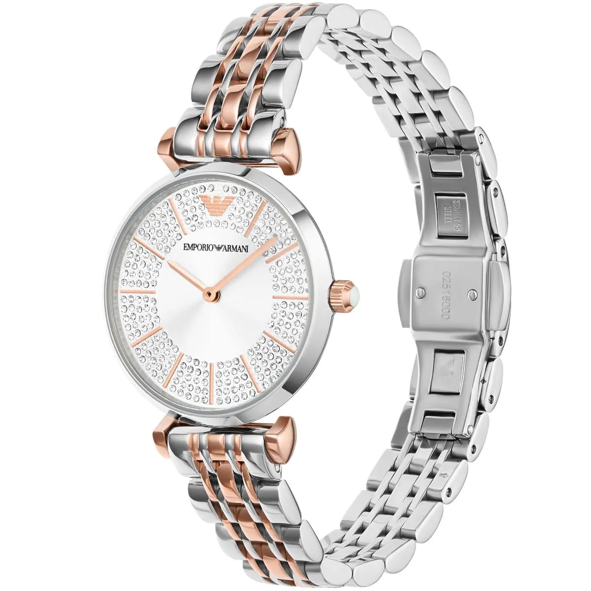 Emporio Armani Gianni T-Bar AR11537 32mm Women's Quartz Watch – Silver Crystal-Set Sunray & Two-Tone Silver and Rose Gold Stainless Steel Bracelet