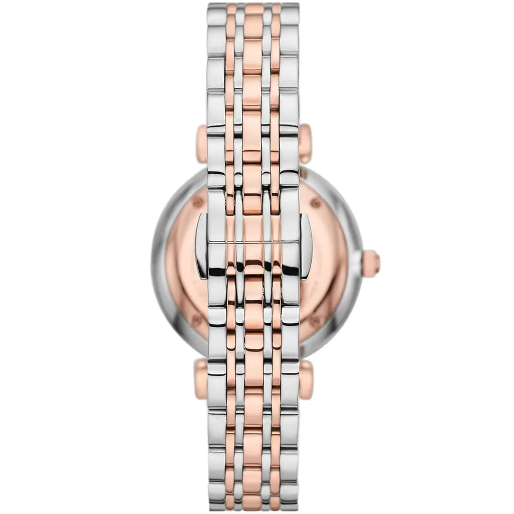 Emporio Armani Gianni T-Bar AR11537 32mm Women's Quartz Watch – Silver Crystal-Set Sunray & Two-Tone Silver and Rose Gold Stainless Steel Bracelet