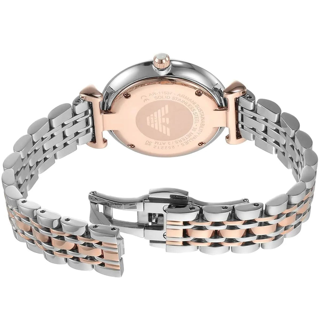 Emporio Armani Gianni T-Bar AR11537 32mm Women's Quartz Watch – Silver Crystal-Set Sunray & Two-Tone Silver and Rose Gold Stainless Steel Bracelet