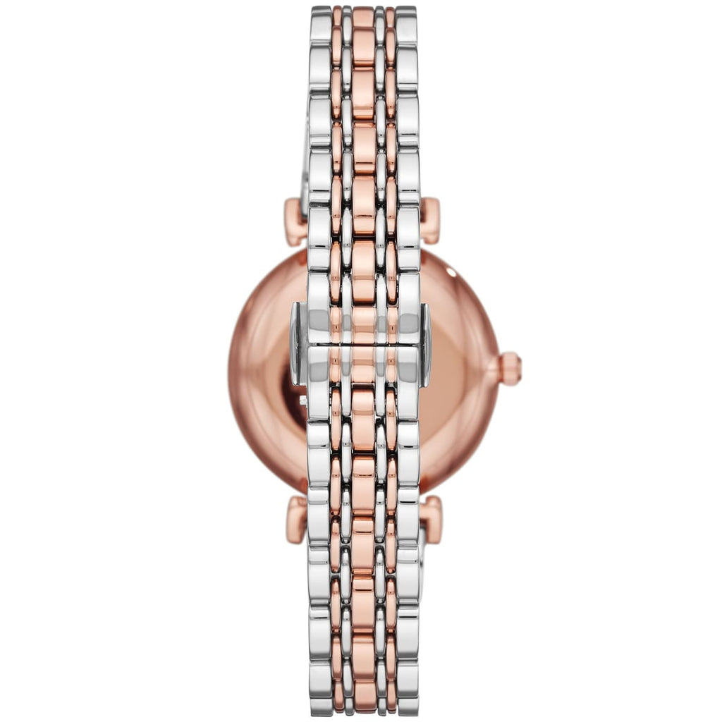 Emporio Armani Gianni T-Bar AR11537 32mm Women's Quartz Watch – Silver Crystal-Set Sunray & Two-Tone Silver and Rose Gold Stainless Steel Bracelet