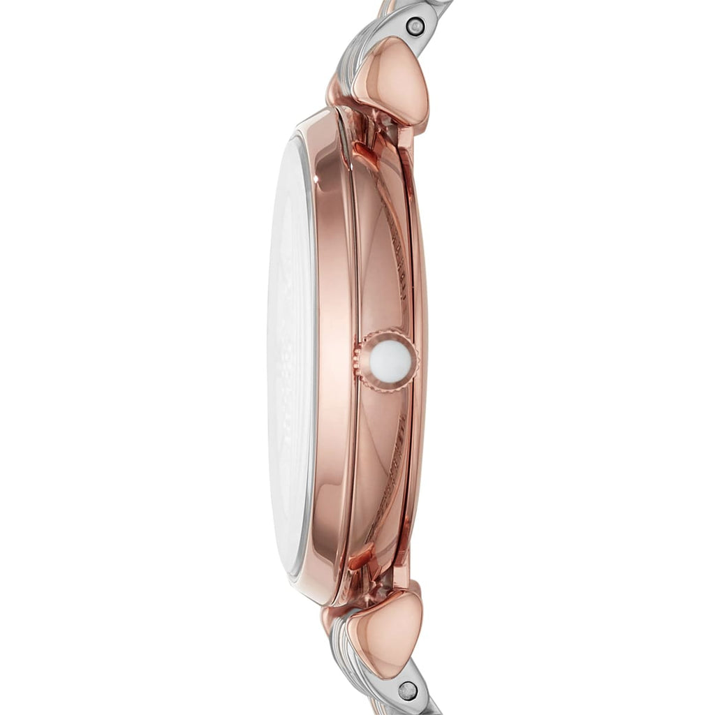 Emporio Armani Gianni T-Bar AR11537 32mm Women's Quartz Watch – Silver Crystal-Set Sunray & Two-Tone Silver and Rose Gold Stainless Steel Bracelet