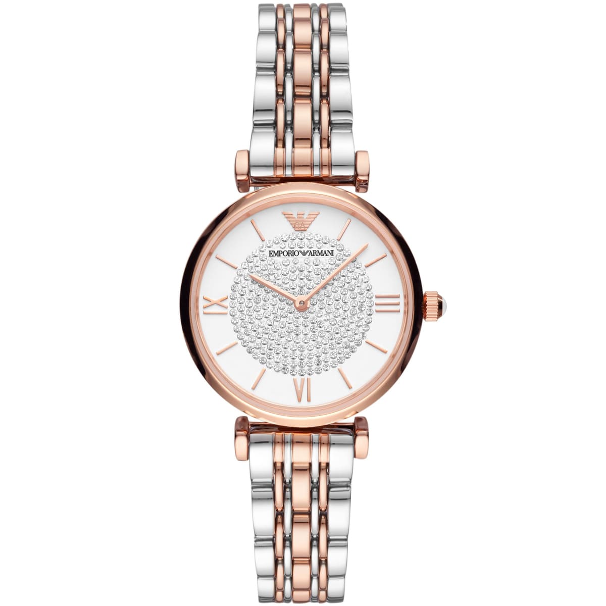 Emporio Armani Gianni T-Bar AR80035 32mm Women's Quartz Watch – White Crystal-Set & Two-Tone Silver and Rose Gold Stainless Steel Bracelet