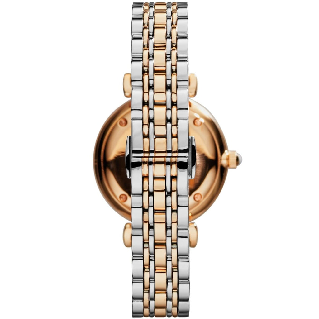 Emporio Armani Gianni T-Bar AR80035 32mm Women's Quartz Watch – White Crystal-Set & Two-Tone Silver and Rose Gold Stainless Steel Bracelet