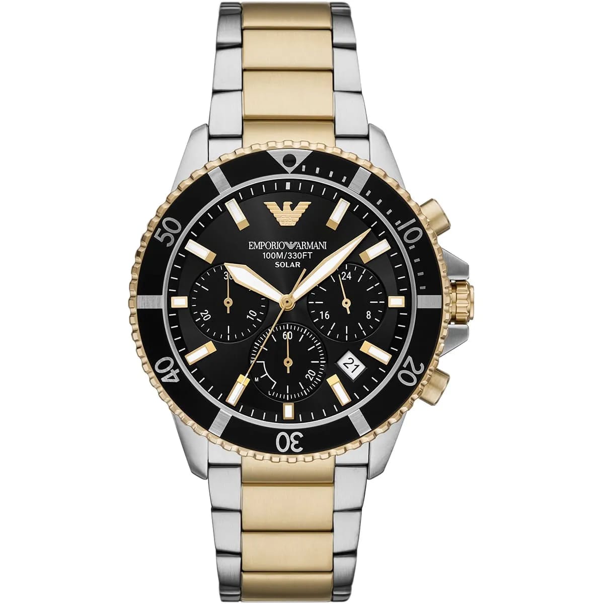 Emporio Armani World Explorer AR11680 Men's Solar Solar Watch – Black & Two-Tone Stainless Steel Bracelet