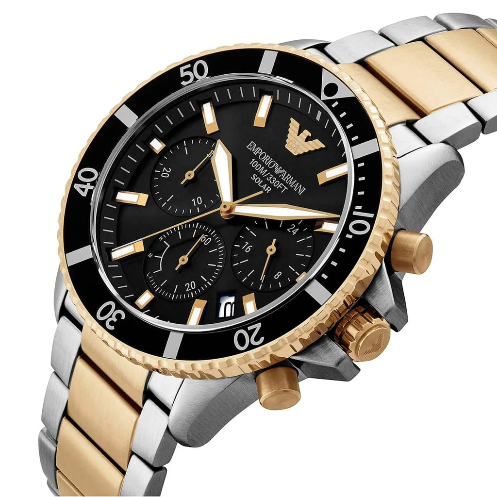 Emporio Armani World Explorer AR11680 Men's Solar Solar Watch – Black & Two-Tone Stainless Steel Bracelet