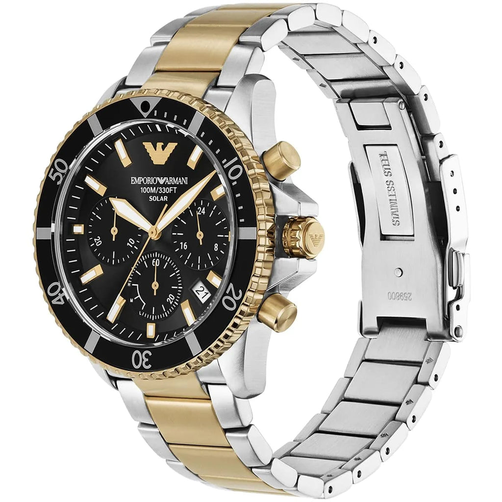 Emporio Armani World Explorer AR11680 Men's Solar Solar Watch – Black & Two-Tone Stainless Steel Bracelet