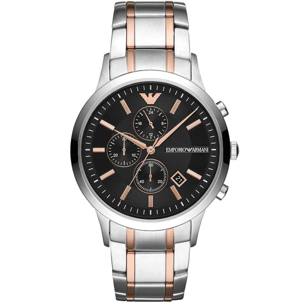 Emporio Armani Renato AR11165 Men's Chronograph Watch – Black Sunray & Rose Gold Stainless Steel Bracelet