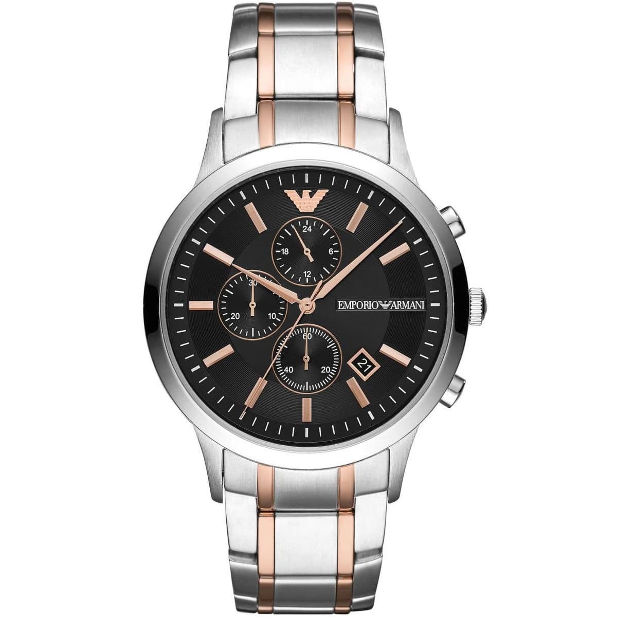 Emporio Armani Renato AR11165 Men's Chronograph Watch – Black Sunray & Rose Gold Stainless Steel Bracelet