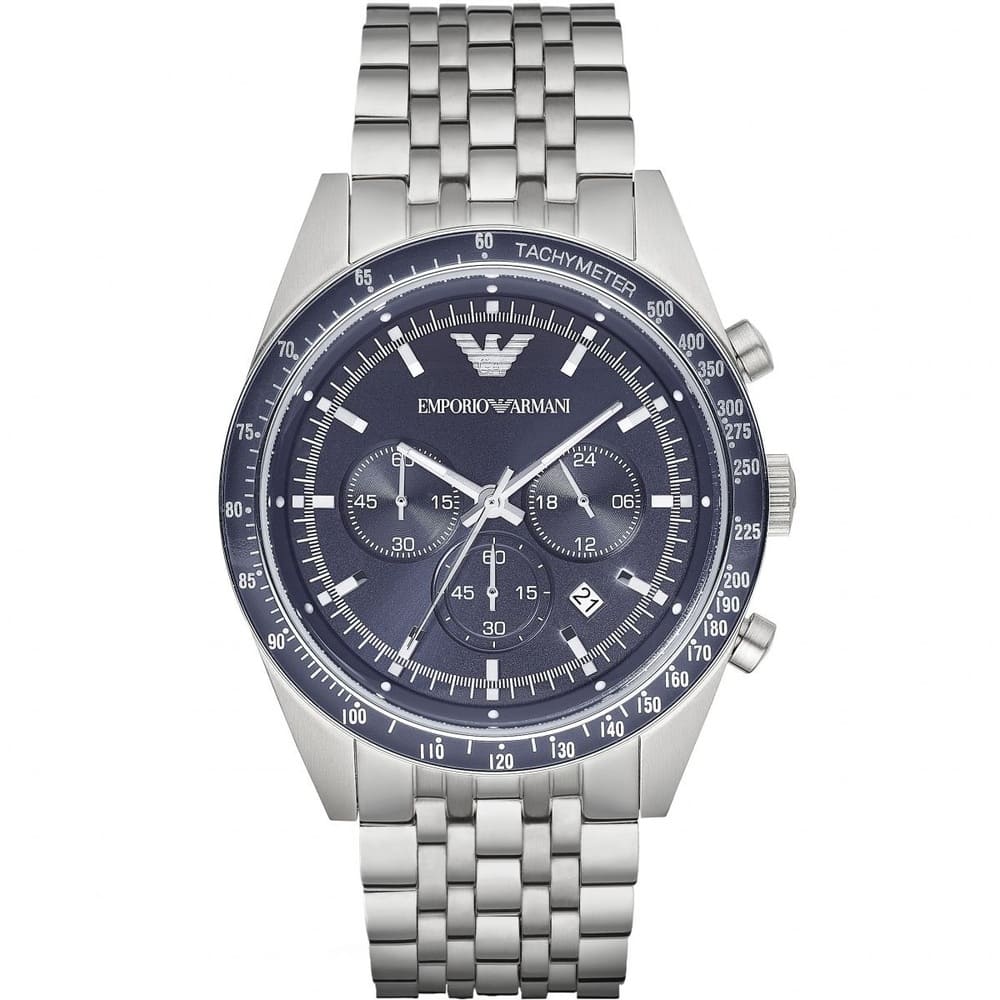Emporio Armani Tazio AR6072 Men's Chronograph Watch – Navy Blue Sunray & Silver Stainless Steel Mesh Bracelet
