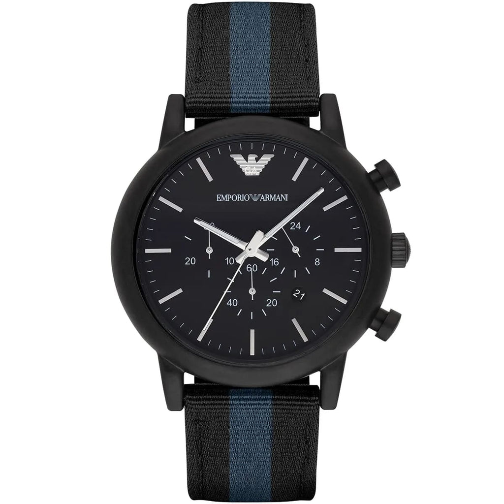 Emporio Armani Luigi AR1948 Men's Chronograph Watch – Black & Blue Textile Strap