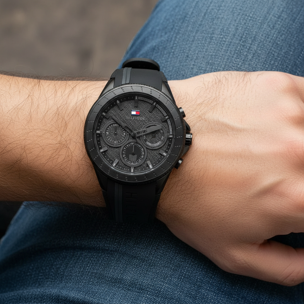 Tommy Hilfiger Aiden 1791861 44mm Men's Multi-Function Watch – Black & Black Silicone Strap
