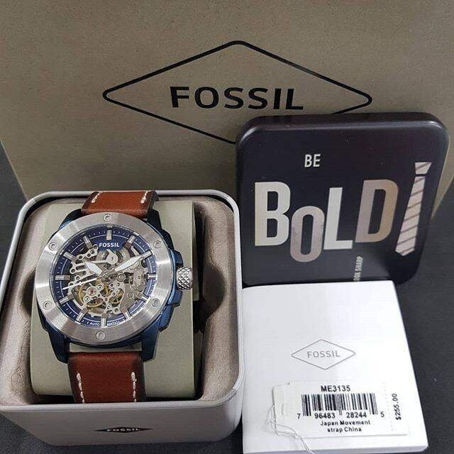 Fossil Modern Machine ME3135 45mm Men’s Automatic Watch – Blue Skeleton Dial & Brown Genuine Leather Strap