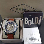 Fossil Modern Machine ME3135 45mm Men’s Automatic Watch – Blue Skeleton Dial & Brown Genuine Leather Strap