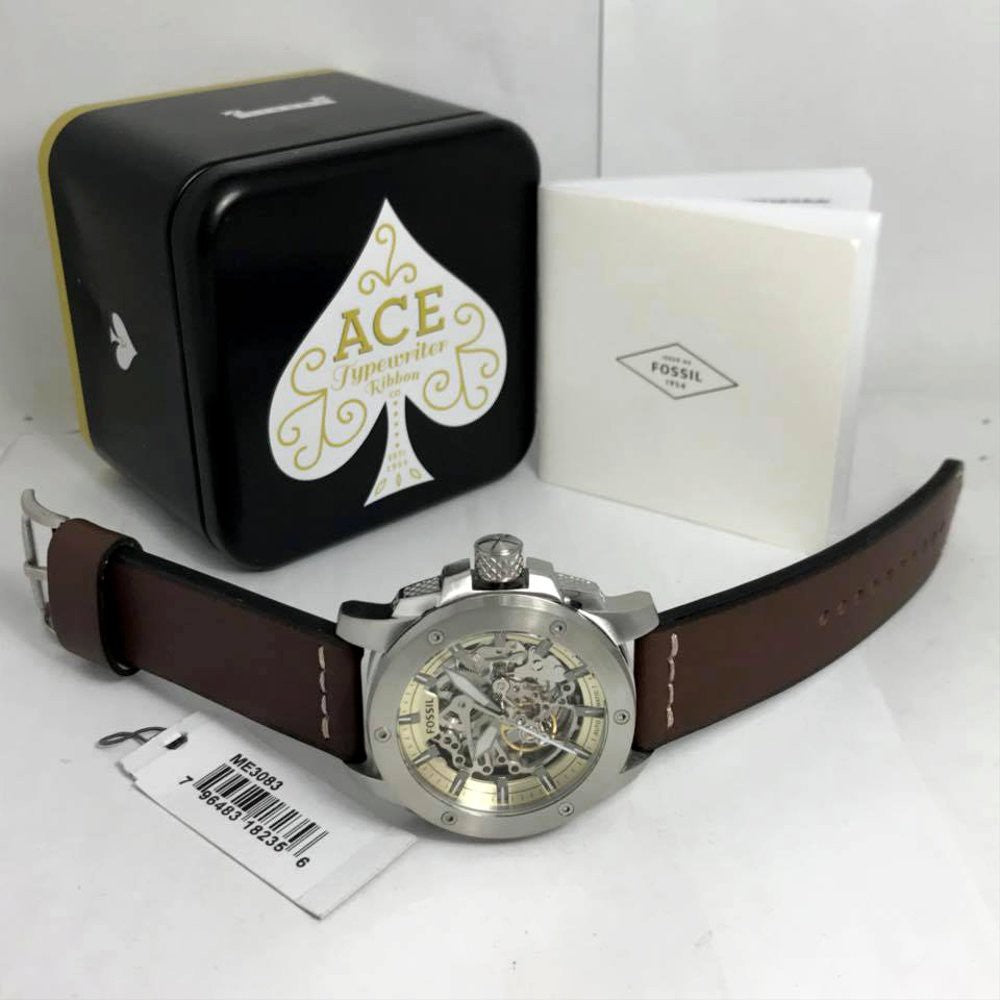 Fossil Modern Machine ME3083 50mm Men’s Automatic Watch – White Dial & Brown Genuine Leather Strap