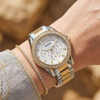 Fossil Riley ES3204 38mm Women’s Watch – Silver Sunray Dial, Two-Tone Bracelet & Crystal-Set Gold-Tone Bezel